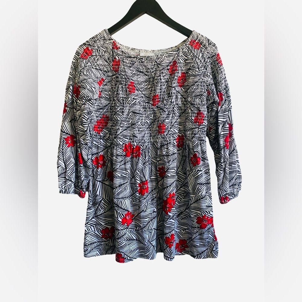 J Jill Floral Tunic Blouse Small Smocked Cotton Peasant Top 3/4 Sleeves